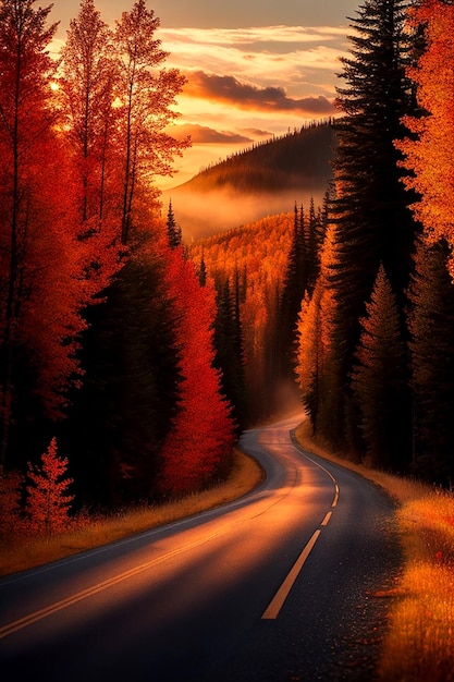 Een kronkelende landweg in het hart van de herfst omringd door een levendige Aigenerated