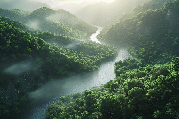 Een kronkelende rivier die door een beboste vallei stroomt