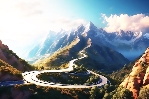 Foto een kronkelende weg in de bergen ai-technologie gegenereerde afbeelding
