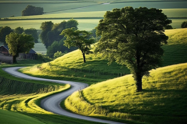 een kronkelende weg is omgeven door velden en bomen.