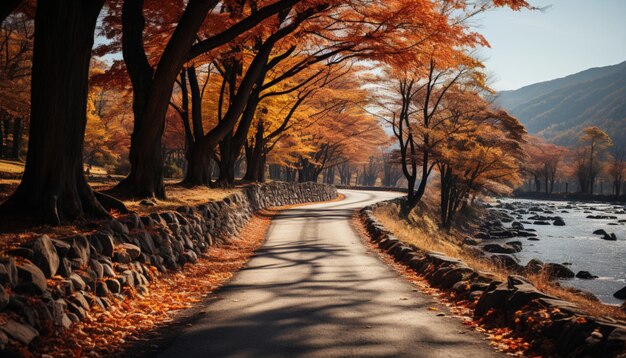 Foto een kronkelende weg met bomen die levendige herfstkleuren vertonen op een prachtige zonnige herfstdag