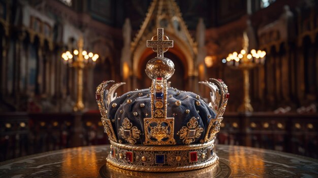 Foto een kroon van het verenigd koninkrijk op sierlijke ontwerptafel in het paleis generative ai aig32