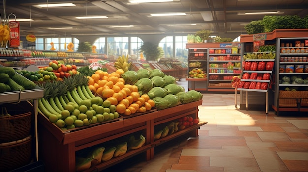 een kruidenierswinkel met een supermarkt met een fruitstand en een vrouw die op de achtergrond winkelt