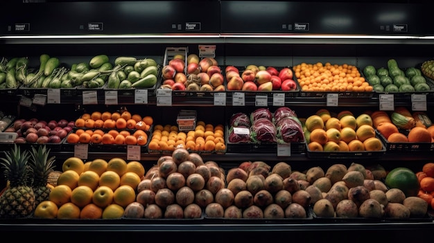 Een kruidenierswinkel met een uitstalling van groenten en fruit.