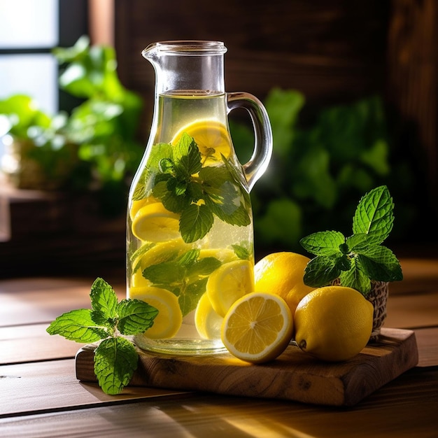 Een kruik limonade met muntbladeren en citroenen.