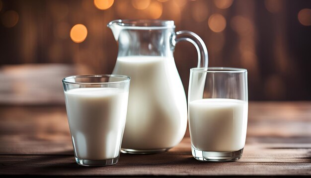 Foto een kruik melk en een glas melk op een houten tafel.