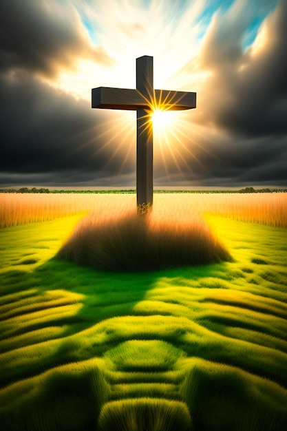 Een kruis in een veld waar de zon op schijnt