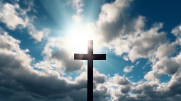 Een kruis met de zon die door de wolken schijnt