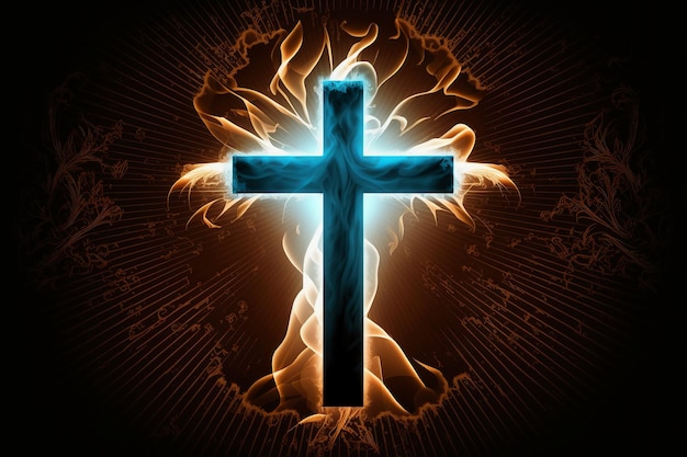 Een kruis met een vlam erop die oplicht met het woord jezus erop.