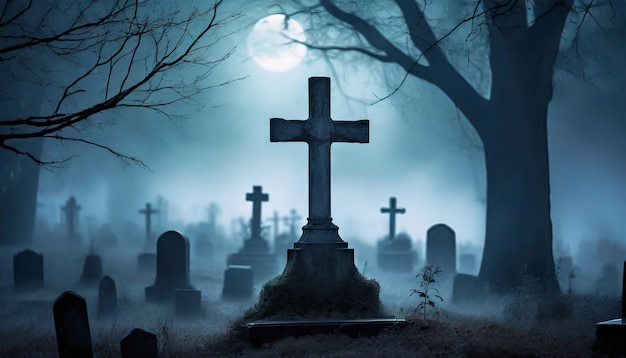 Een kruis op de oude begraafplaats een graf op een donkere nacht maanlicht achtergrond mist droge boom