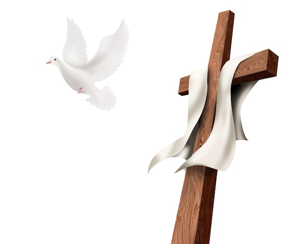 Een kruis waar een witte duif overheen vliegt