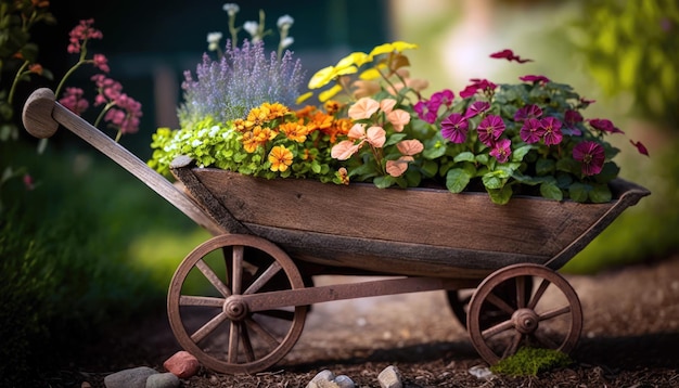 Een kruiwagen vol bloemen staat in een tuin.