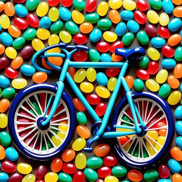 Een kubistisch stilleven van een fiets gemaakt van jellybeans ultra hd 8k realistisch zeer gedetailleerd