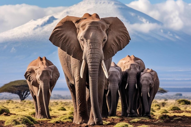 Een kudde Afrikaanse olifanten op een safari naar Kenia en een met sneeuw bedekte Kilimanjaro berg in