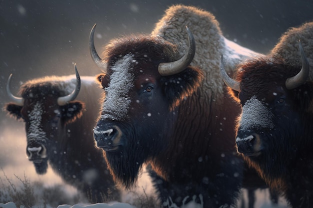 Een kudde buffels grazen op de prairie in de sneeuw