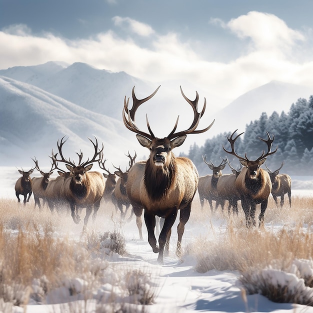 Een kudde elanden loopt over besneeuwde weiden en beklimt besneeuwd bomen en bergen.