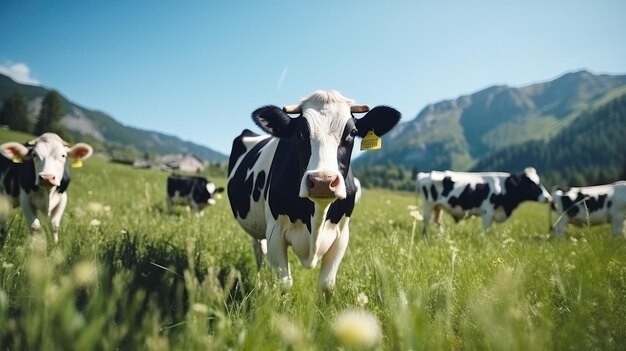 Een kudde goed verzorgde, mooie, gezonde koeien graast op een groene weide in de bergen. Moderne boerderijleven.