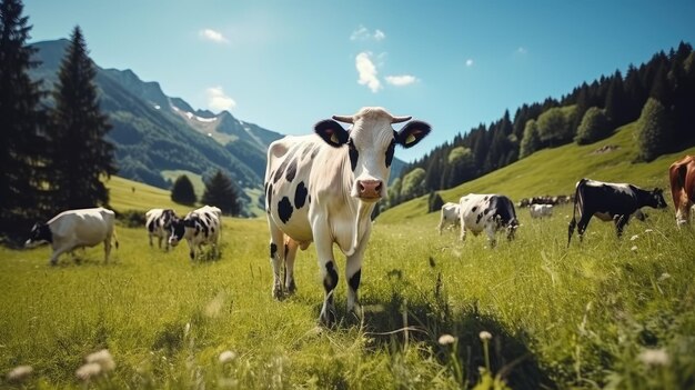 Een kudde goed verzorgde, mooie, gezonde koeien graast op een groene weide in de bergen. Moderne boerderijleven.