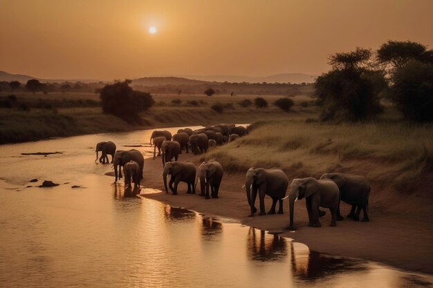 Een kudde groep van een familie van Afrikaanse olifanten op de Savannah prairie bij zonsondergang AI gegenereerd rivier