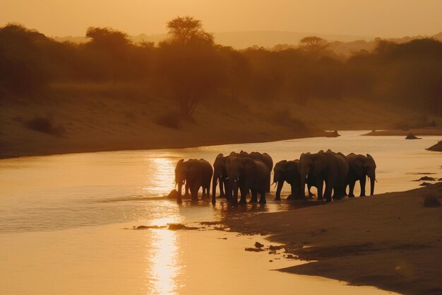 Een kudde groep van een familie van Afrikaanse olifanten op de Savannah prairie bij zonsondergang AI gegenereerd rivier