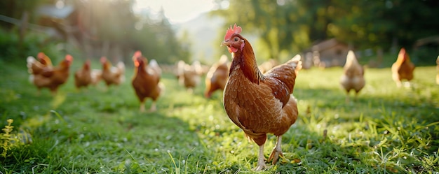 Een kudde kippen zwerft in een groene weide. Vrijlopende kippen op een traditionele pluimveeboerderij.