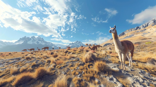 Een kudde lama's graast op een rotsachtig plateau in het Andesgebergte. De majestueuze bergen zijn bedekt met sneeuw.