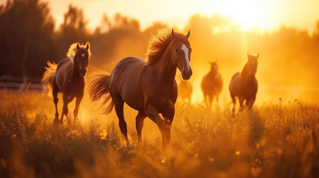 Een kudde paarden die bij zonsondergang rennen