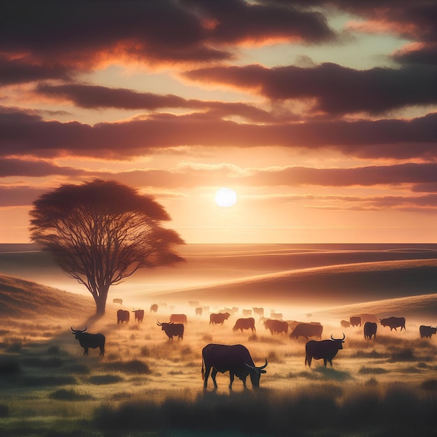 Een kudde runderen op de prairie in het zuiden van Brazilië bij zonsondergang