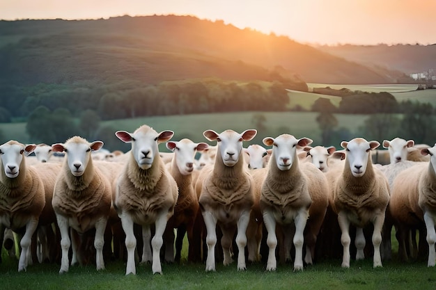 Een kudde schapen die in een rij staan, met de zon achter hen.