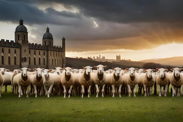 Een kudde schapen voor een kasteel.