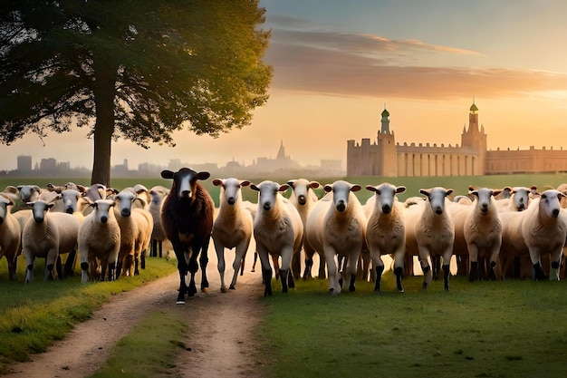 Een kudde schapen wordt door een herder voor een kasteel geleid.