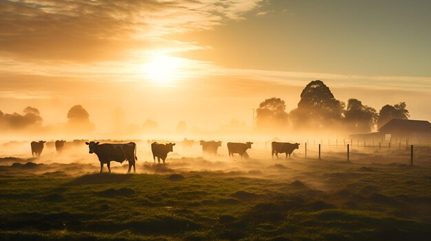 Een kudde vee op een landelijke weg bij zonsondergang met een levendige lucht en zonnestralen