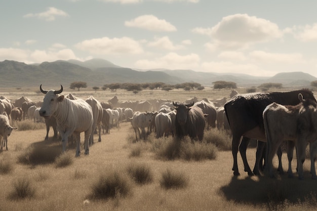 Een kudde vee staat in een veld met bergen op de achtergrond.
