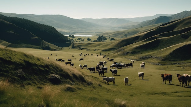 Een kudde vee staat in een veld met bergen op de achtergrond.