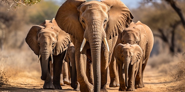 Een kudde wilde witte olifanten passeert Oost-Afrika.