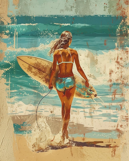 Een kunst van een surfer die op een golf rijdt in de prachtige zon