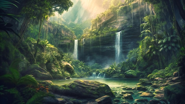 Een kunst van een tropische jungle met waterval en rotsen