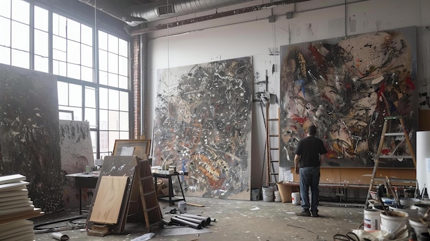 Een kunstenaar in zijn atelier kijkt naar een groot abstract schilderij. Hij draagt een zwart shirt en jeans en staat voor een groot raam.