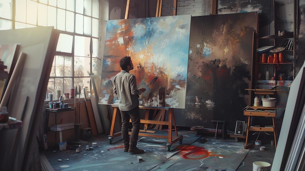 Een kunstenaar in zijn atelier werkt aan een groot abstract schilderij. Hij draagt casual kleding en gebruikt een penseel om verf aan het doek toe te voegen.