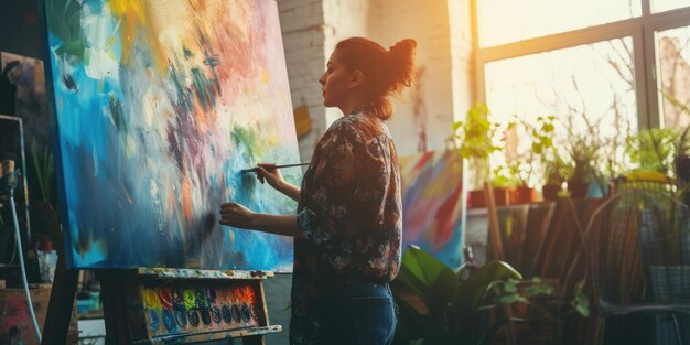 Een kunstenaar schildert in een zonnelichte studio met een canvas gevuld met schitterend