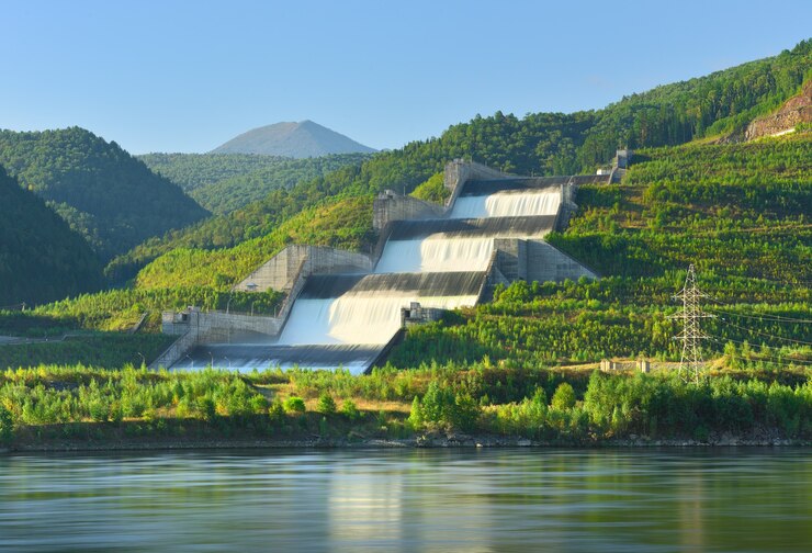 Een kunstmatige waterval op de bergoevers van de Yenisei-rivier Siberië, Rusland