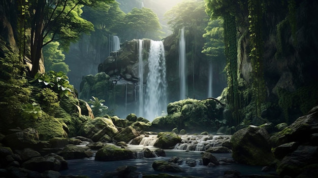 Een kunstwerk dat de schoonheid en kracht vastlegt van een waterval omringd door weelderige vegetatie