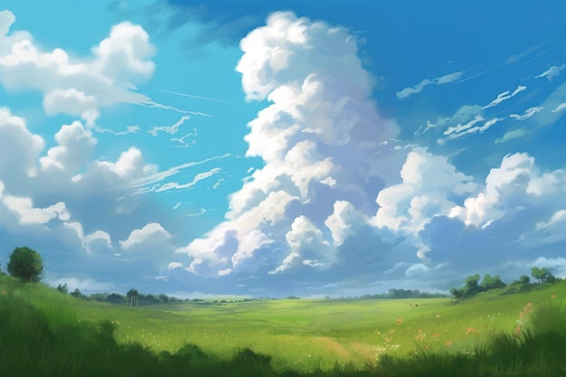 een kunstwerk dat een grasveld voorstelt met wolken erboven