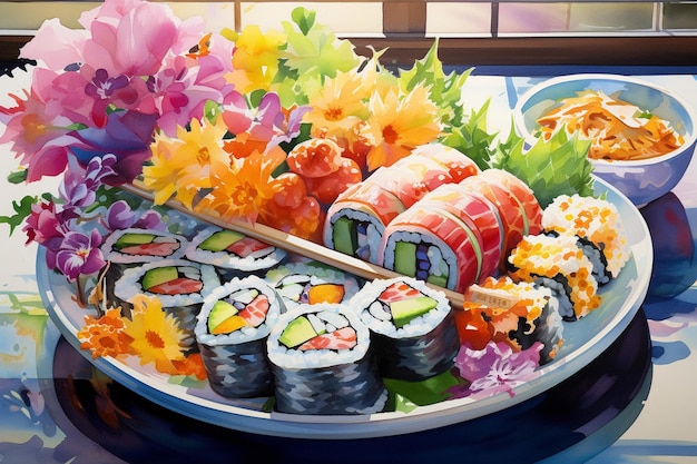 Een kunstzinnig ingerichte heerlijke sushi-plaat