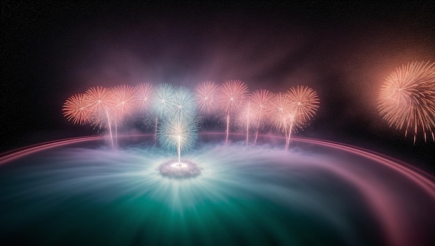 Een kunstzinnige afbeelding van een sublieme fontein met vuurwerk op de achtergrond