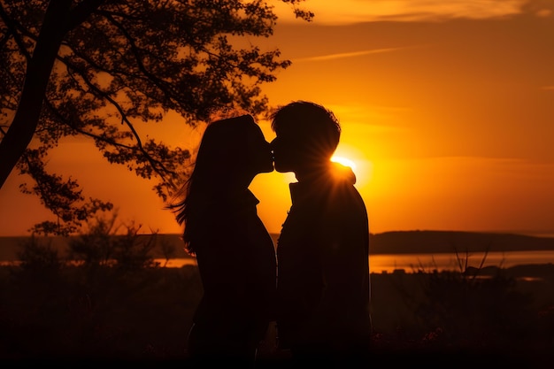 Een kussend paar voor een zonsondergang