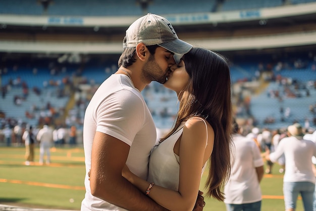 Een kussend stel in een stadion met het woord love op de voorkant.