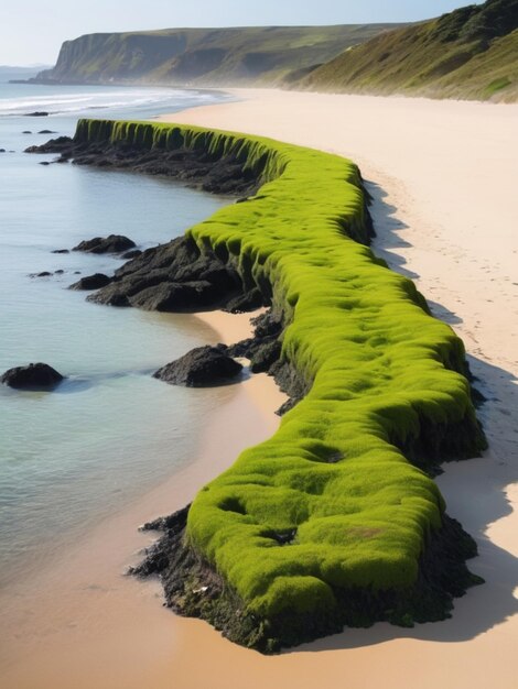 Een kustlandschap met groene zeewier die een grens vormen langs de zandkust