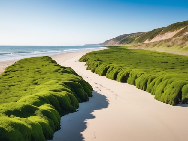 Een kustlandschap met groene zeewier die een grens vormen langs de zandkust