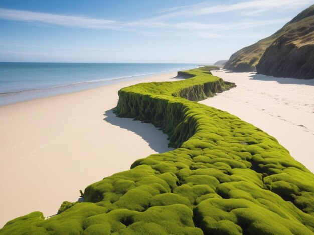 Een kustlandschap met groene zeewier die een grens vormen langs de zandkust